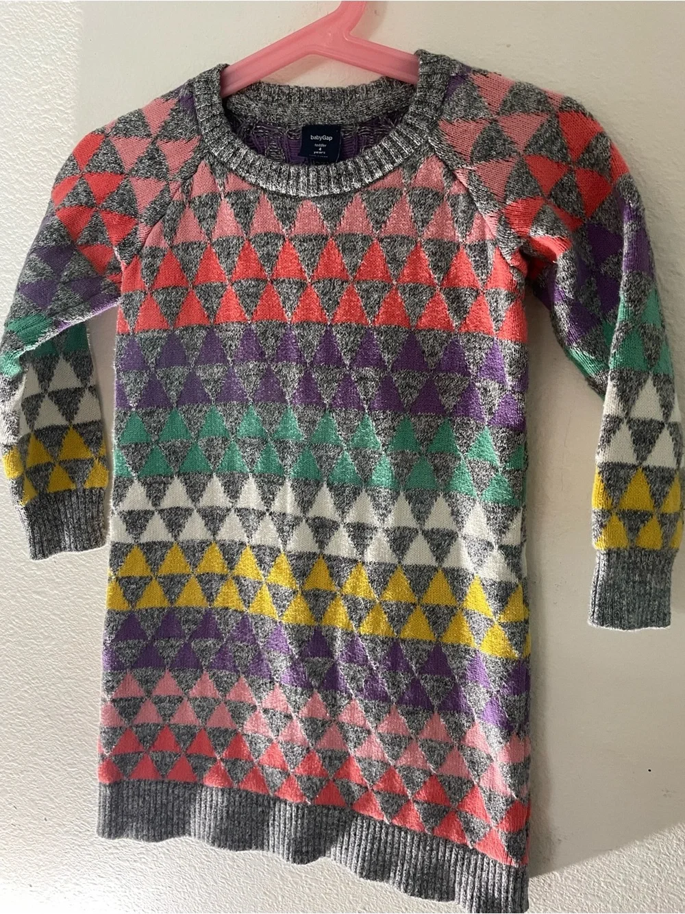 GAP Girls Gray Sweater Dress with Pink, Purple, Teal & Yellow Triangles